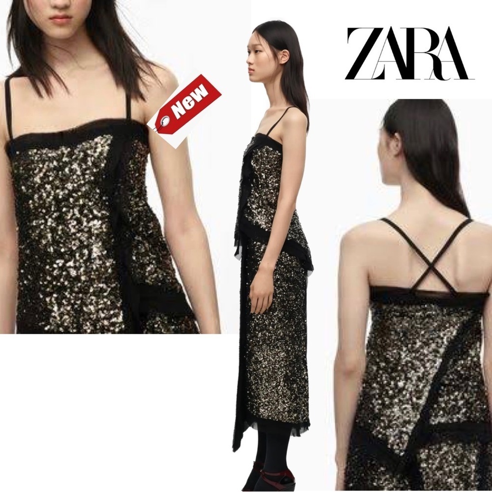 Zara collection 2021 Limited edition silver sequin black trim thin strap blouse